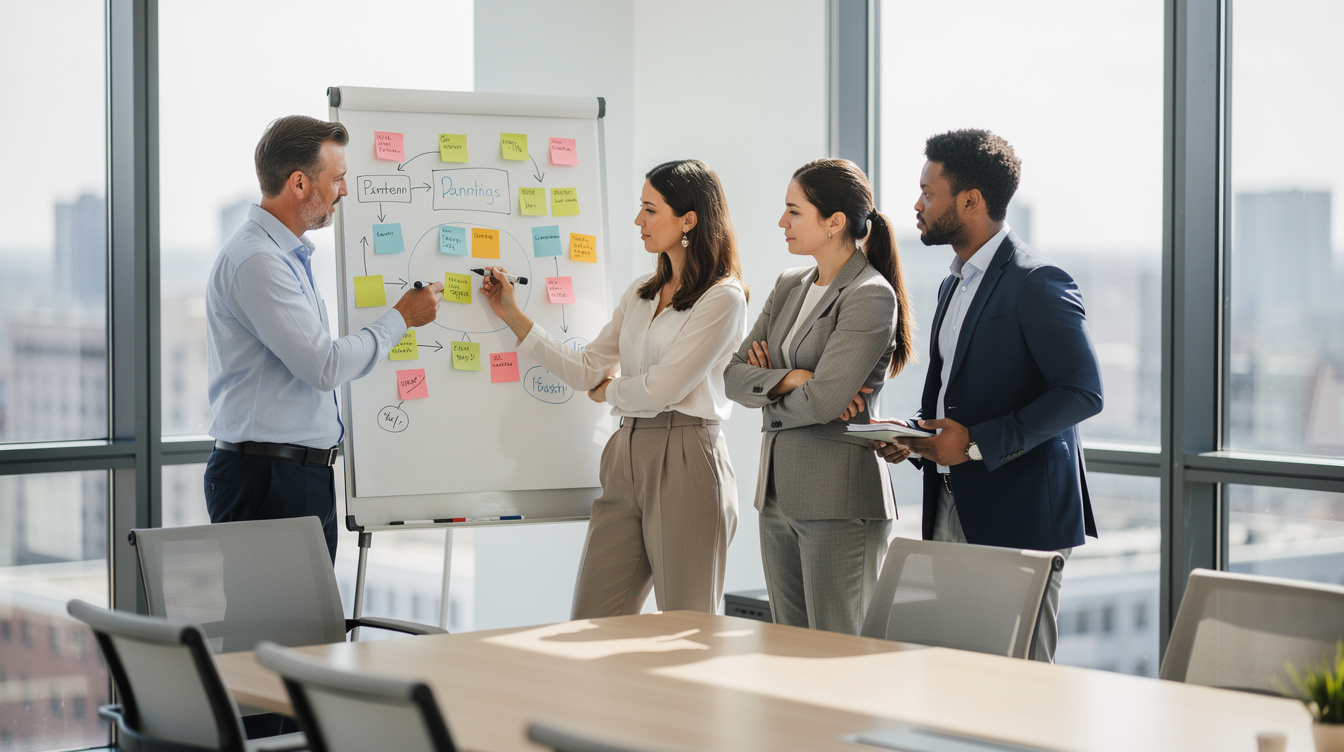 Small group working around a whiteboard covered with sticky notes during a strategy workshop